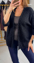 Women's short black cardigan, open front, textured knit, 3/4 sleeves