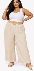 Beige belted wide-leg trousers, plus size, with circular buckle waist belt