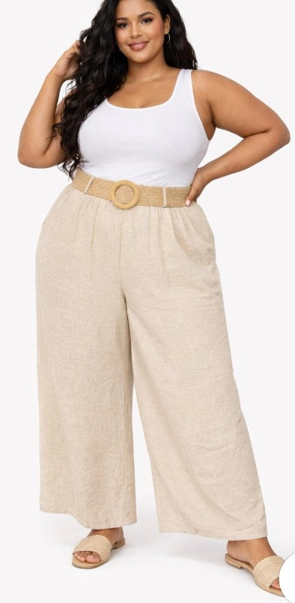 Beige belted wide-leg trousers, plus size, with circular buckle waist belt