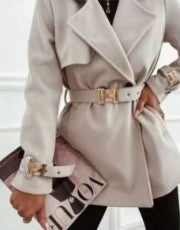 Women's striped short coat in light beige with waist belt and notched lapels