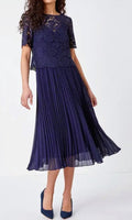 Dark navy lace-top dress with short sleeves and pleated midi skirt