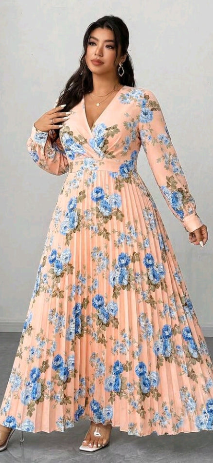 Plus-size floral maxi dress, peach with blue blooms, gathered waist, long sleeves