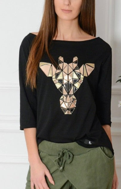 Women’s black t-shirt with geometric giraffe graphic on front