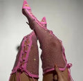 Women’s high-tie boots, pink rhinestone upper with lace-up front and stiletto heel