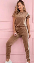 Brown velour tracksuit set with short-sleeve top, jogger pants, drawstring waist, side stripes