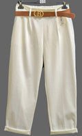 Cream wide-leg summer pants with elastic ruffled waistband