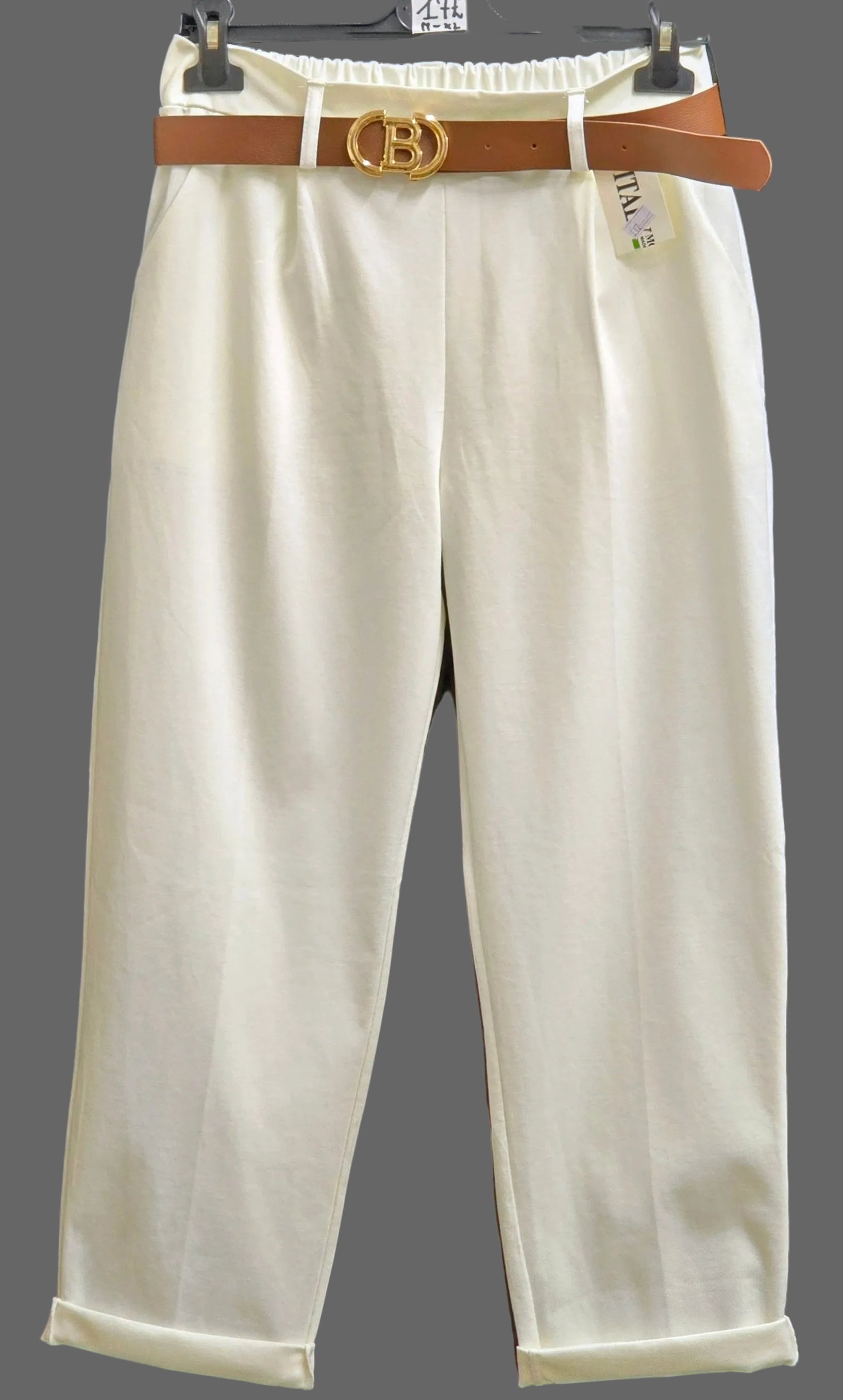 Cream wide-leg summer pants with elastic ruffled waistband