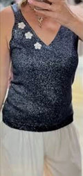 Embellished women's sleeveless V-neck top in dark navy with white floral appliques