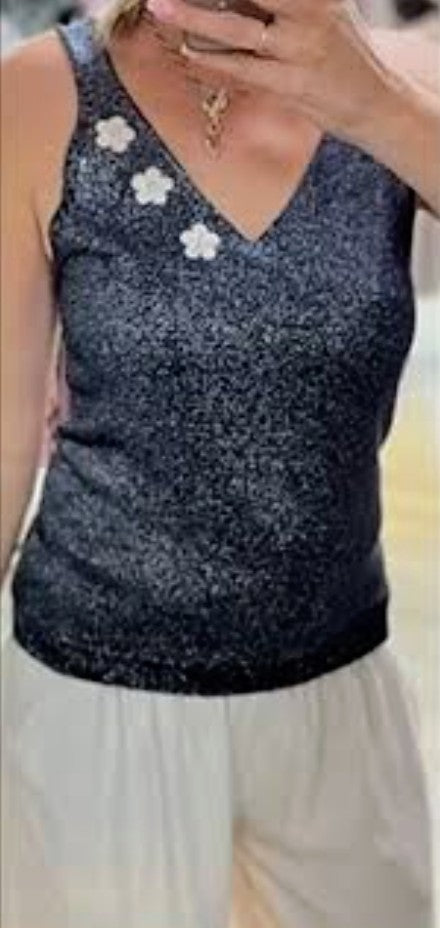 Embellished women's sleeveless V-neck top in dark navy with white floral appliques