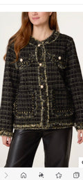 Women's Chanel-style open-front tweed cardigan sweater, dark with gold buttons and frayed hem