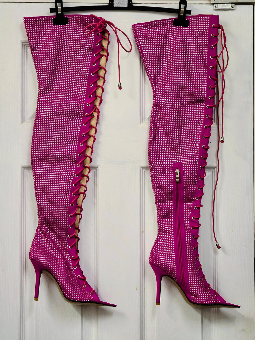 Women’s high-tie boots, bright pink rhinestone with long lace-up ties and slim heel