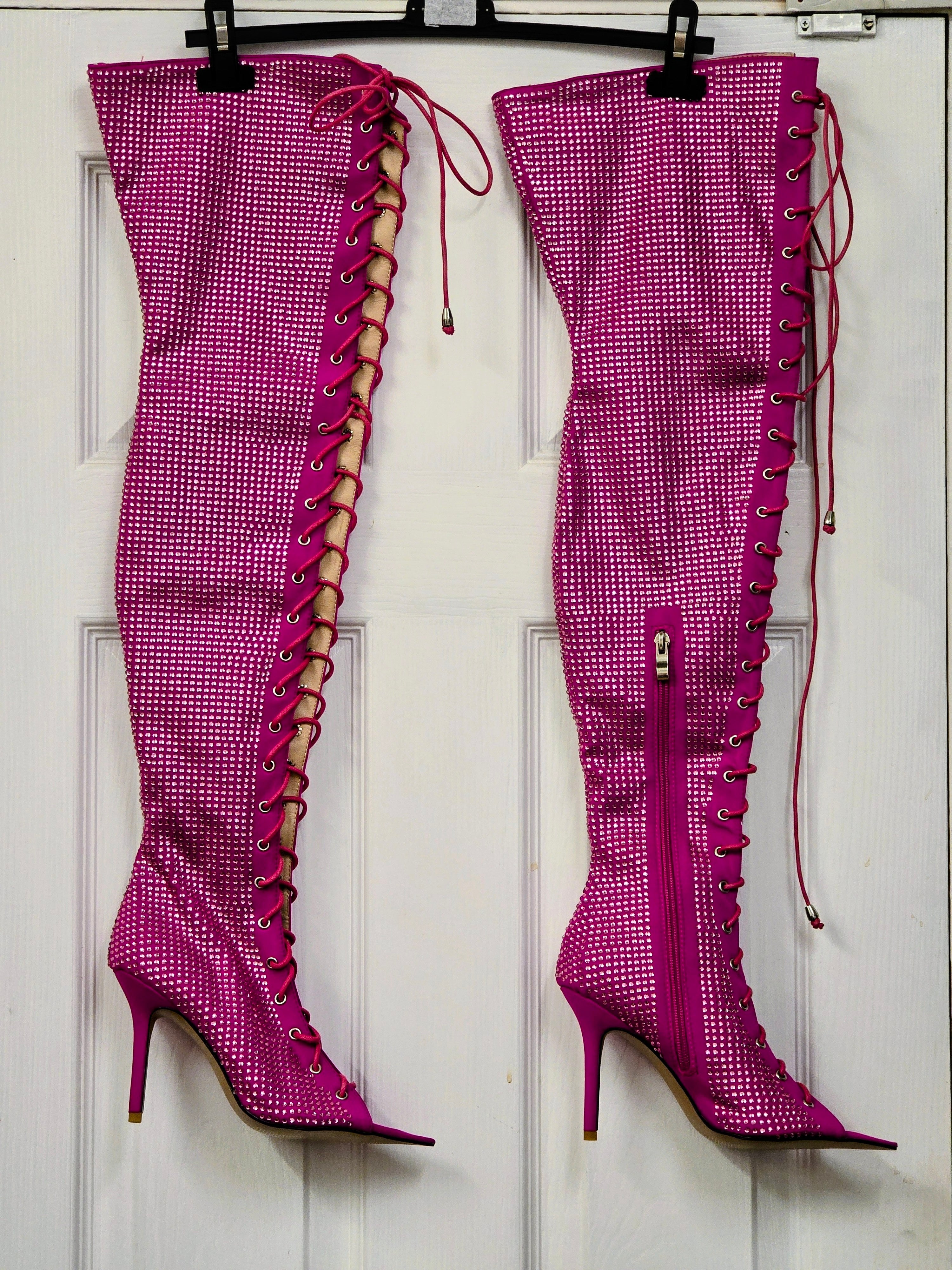 Women’s high-tie boots, bright pink rhinestone with long lace-up ties and slim heel