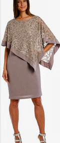 Women's cocktail dress with lace draped cape sleeves, taupe, knee length sheath