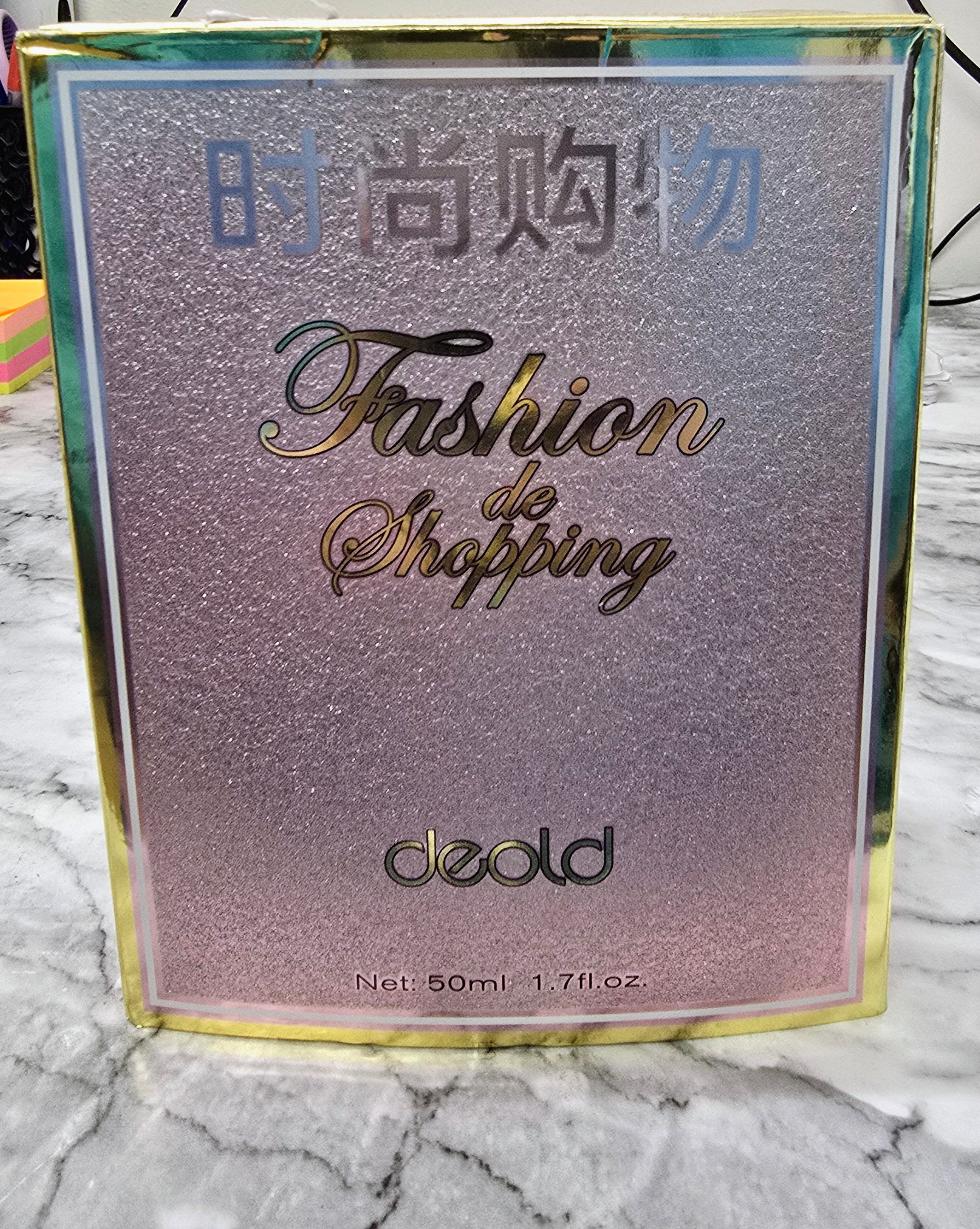Women's perfume handbag box, purple glitter with Fashion Shopping text and 50 ml net