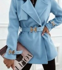 Light blue short coat with wide lapels and waist belt, long sleeves
