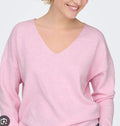 Lightweight polished knit sweater, pink V-neck with long sleeves