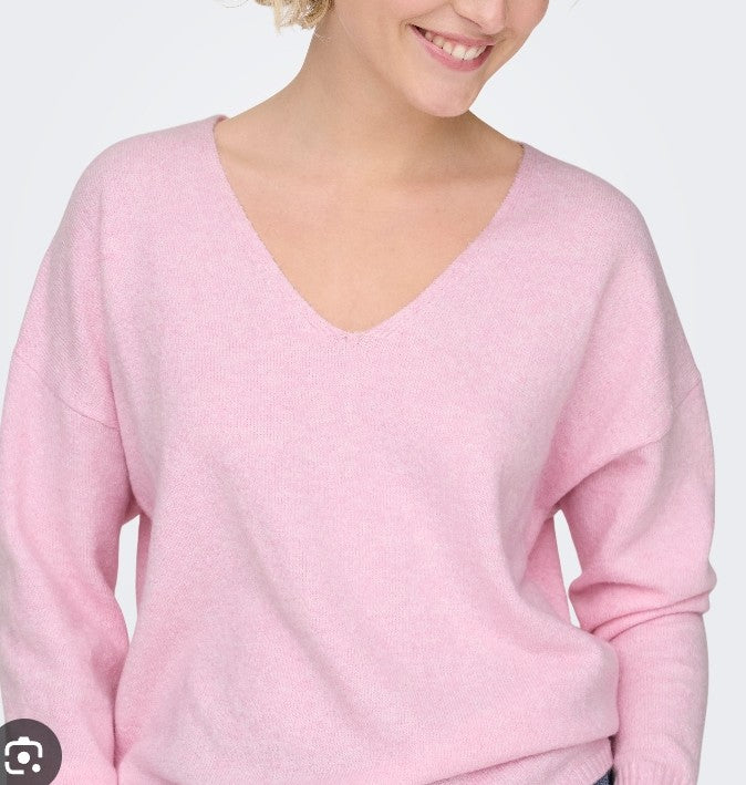 Lightweight polished knit sweater, pink V-neck with long sleeves