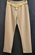 Women's beige trousers with elastic waist and belt, straight leg