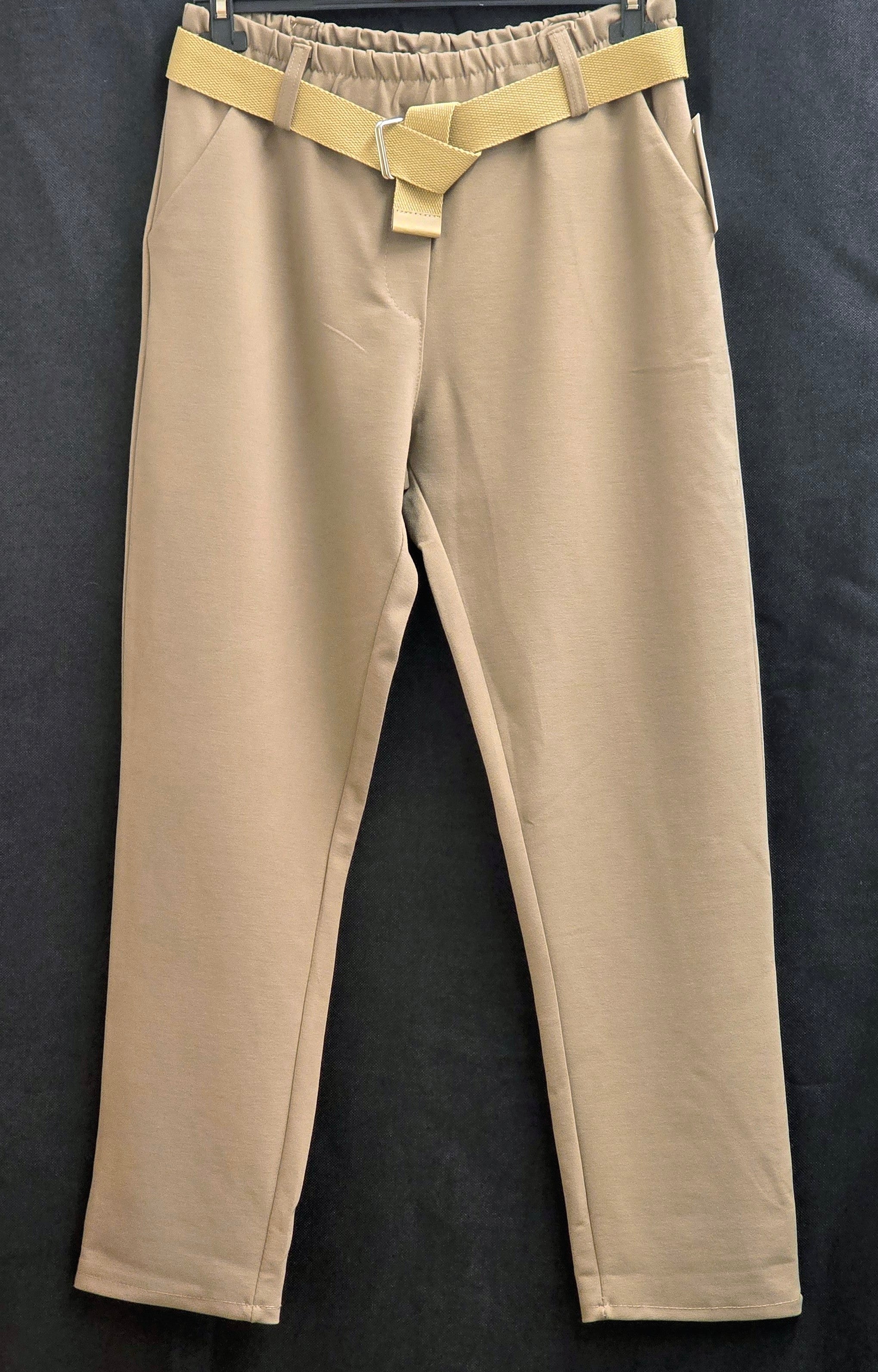 Women's beige trousers with elastic waist and belt, straight leg