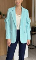 Women's bow detail jacket, light blue blazer with bow-tie cuffs, open front