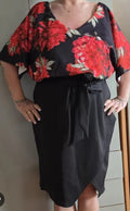 Floral rose print midi dress with V-neck, tie waist, wide sleeves in dark base