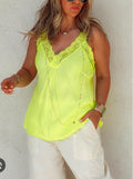 Women's lace top, sleeveless neon yellow with V neckline and scalloped lace trim