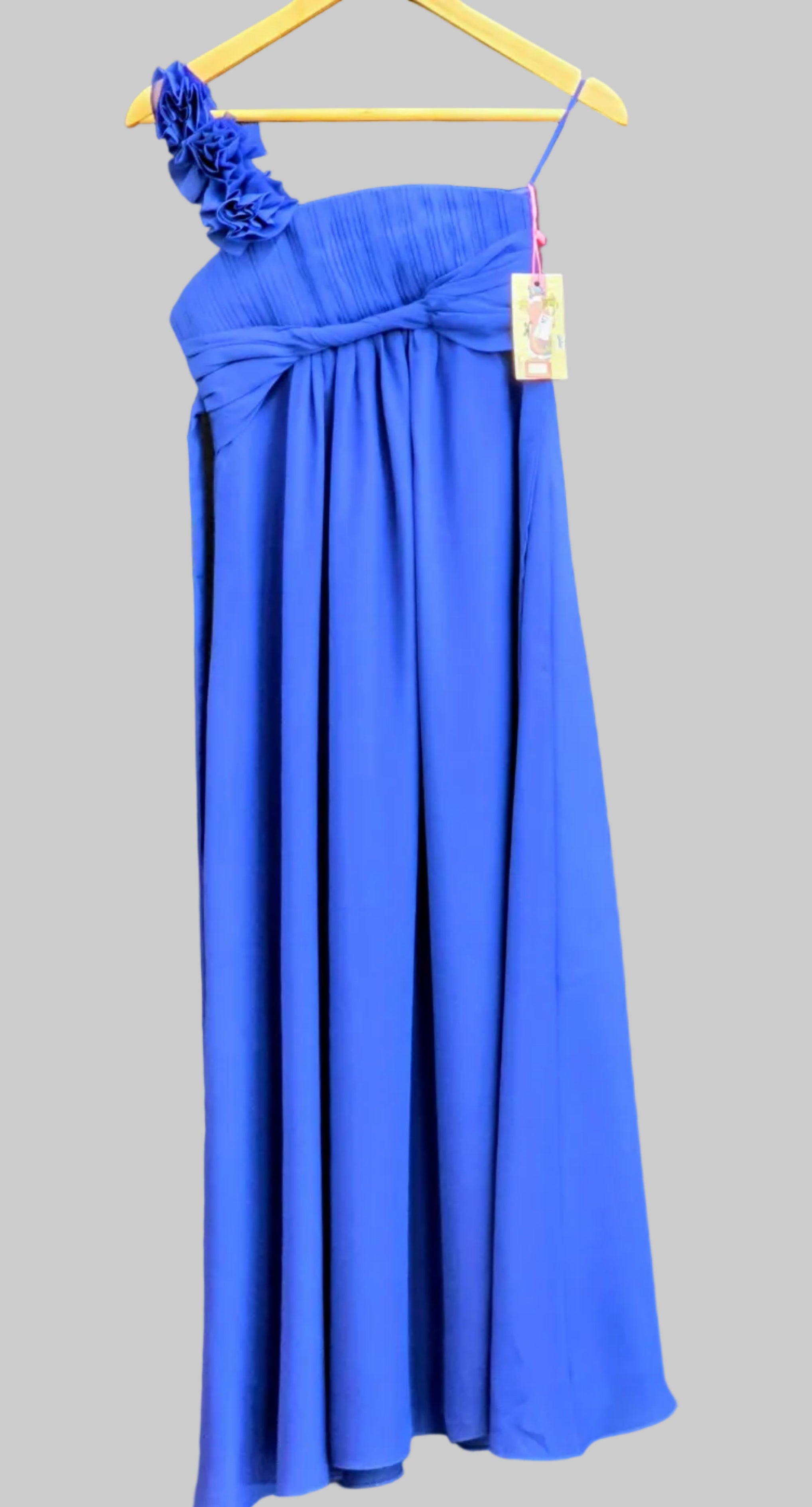 One-shoulder occasion dress, bright blue, ruffled strap, gathered skirt