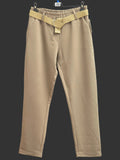 Beige women's trousers with elastic waistband and fabric tie, straight leg