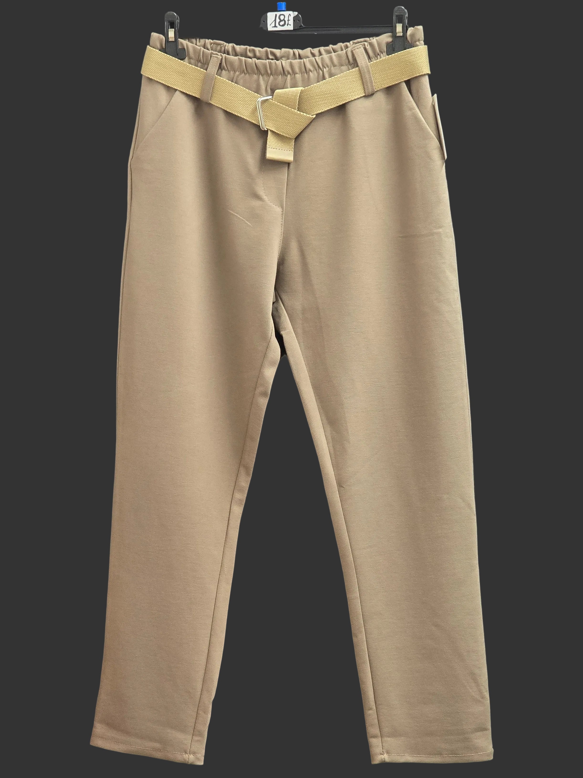 Beige women's trousers with elastic waistband and fabric tie, straight leg