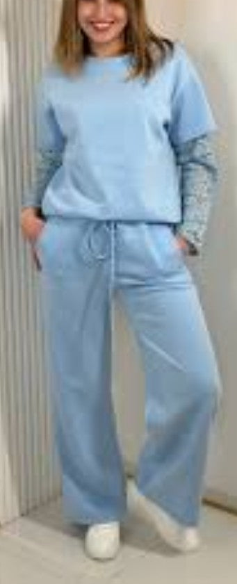 Women's spring tracksuit set: light blue sweatshirt and matching wide-leg pants