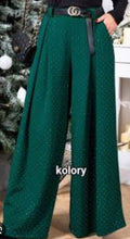 Green wide-leg embellished trousers with pleated front and all-over textured pattern
