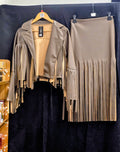 Beige faux leather fringe jacket and matching skirt set
