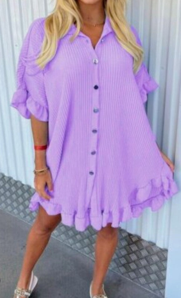 Women’s pleated tunic, lavender purple button-front with ruffled hem and sleeves