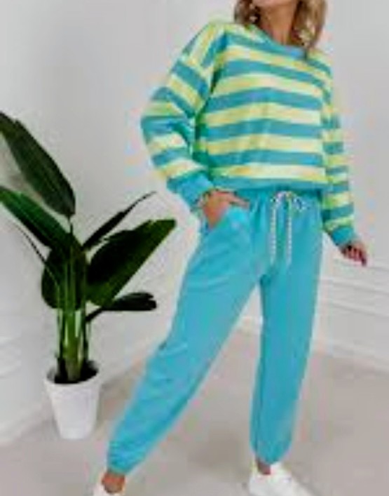 Women’s spring co-ord set with blue-green striped sweatshirt and matching drawstring joggers