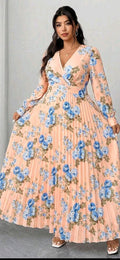 Plus-size floral maxi dress, peach with blue flowers, V-neck, long sleeves