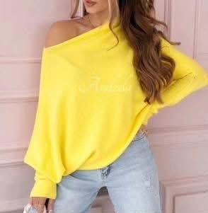 Yellow asymmetrical one-shoulder sweater for women, long sleeves