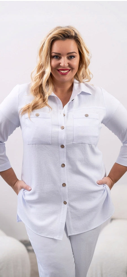 White women's button-front tie-front shirt with flap pockets and collar