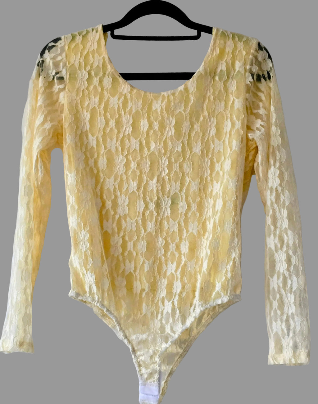 Women’s lace bodysuit, light yellow, long sleeves, scoop neckline, high-cut leg