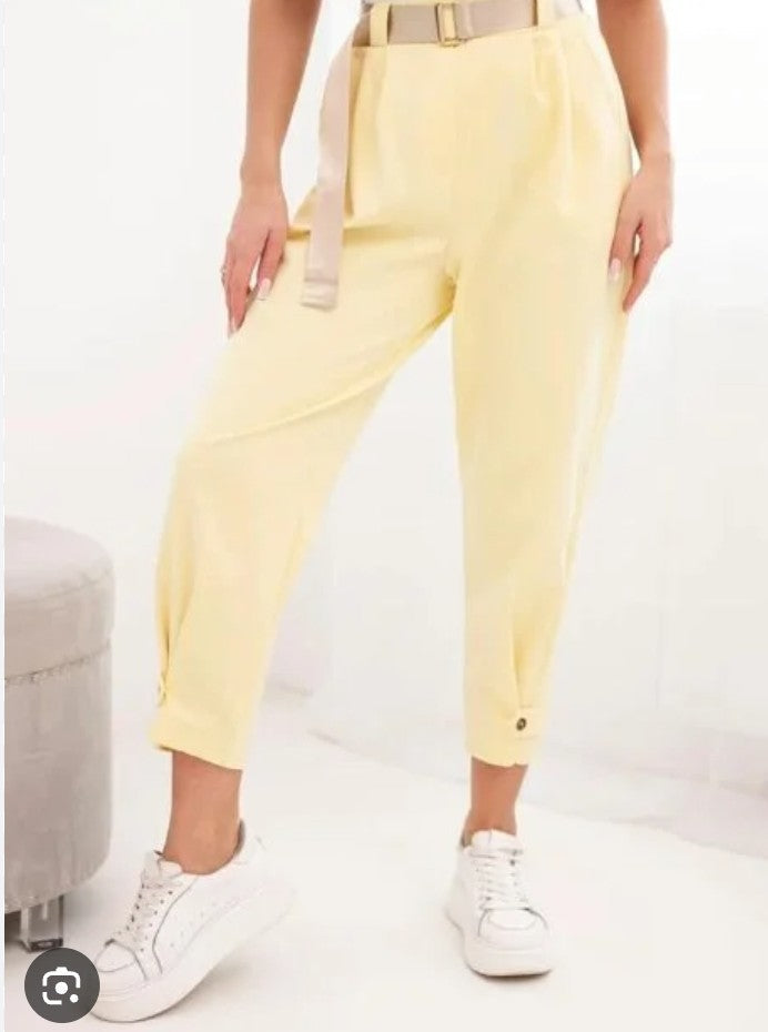 Women’s belted trousers, light yellow, cropped straight leg with cuff and front pockets